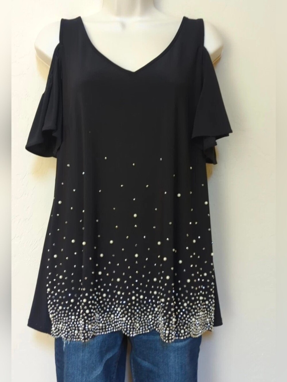 MSK Black Cold-Shoulder Top with Pearl Dot Embellishment